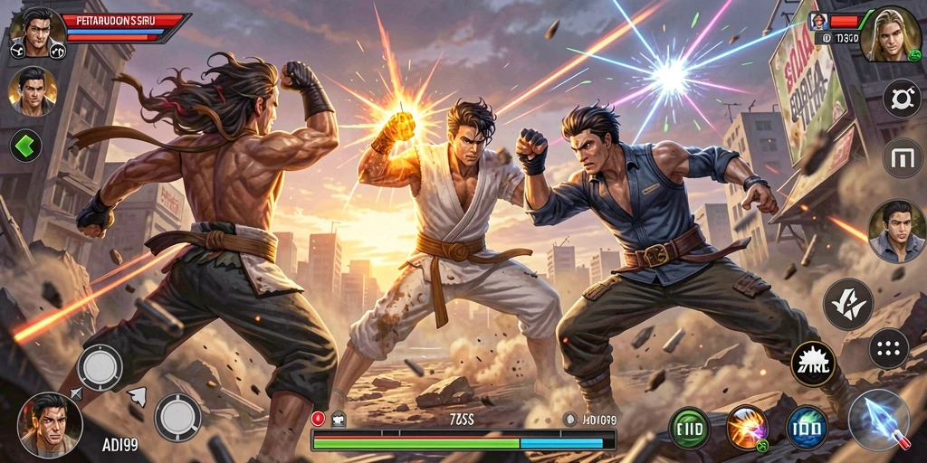 Screenshot gameplay ADI99 menunjukkan pertarungan seru dan grafis yang menawan.