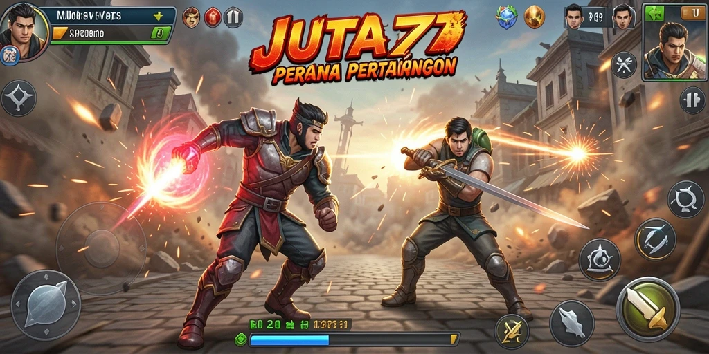 Screenshot utama JUTA7 menunjukkan pertarungan epik di arena Fighting.