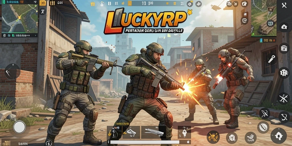 Tampilan tangkapan layar LUCKYRP menampilkan pertempuran epic di Battle Royale.