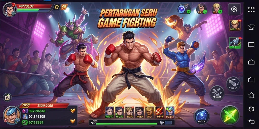 Screenshot utama PP7SLOT menampilkan pertarungan seru antara karakter-karakter unik.