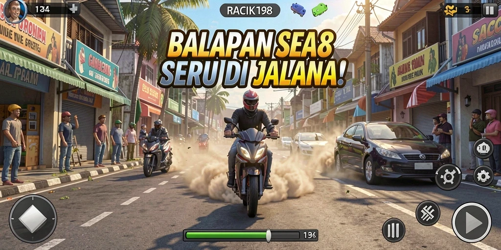 Screenshot gameplay balapan di RACIK198 dengan mobil dan lintasan menantang.