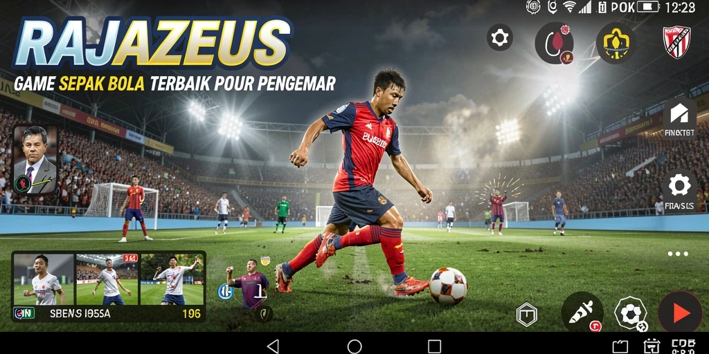 Screenshot utama RAJAZEUS menampilkan aksi bermain sepak bola yang mendebarkan.